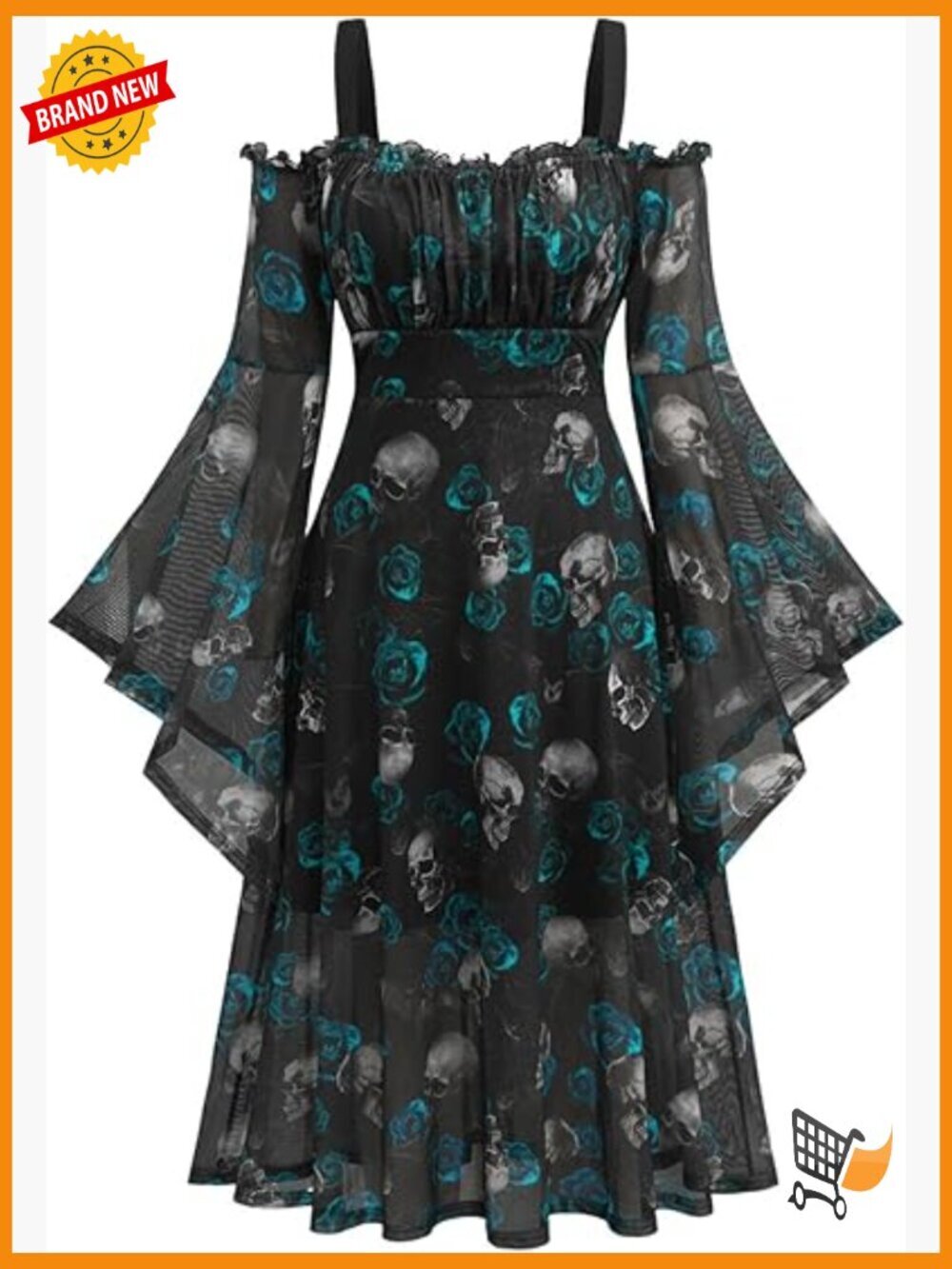 Plus Size Gothic Bell Sleeve Cold Shoulder Skull Dress Halloween
